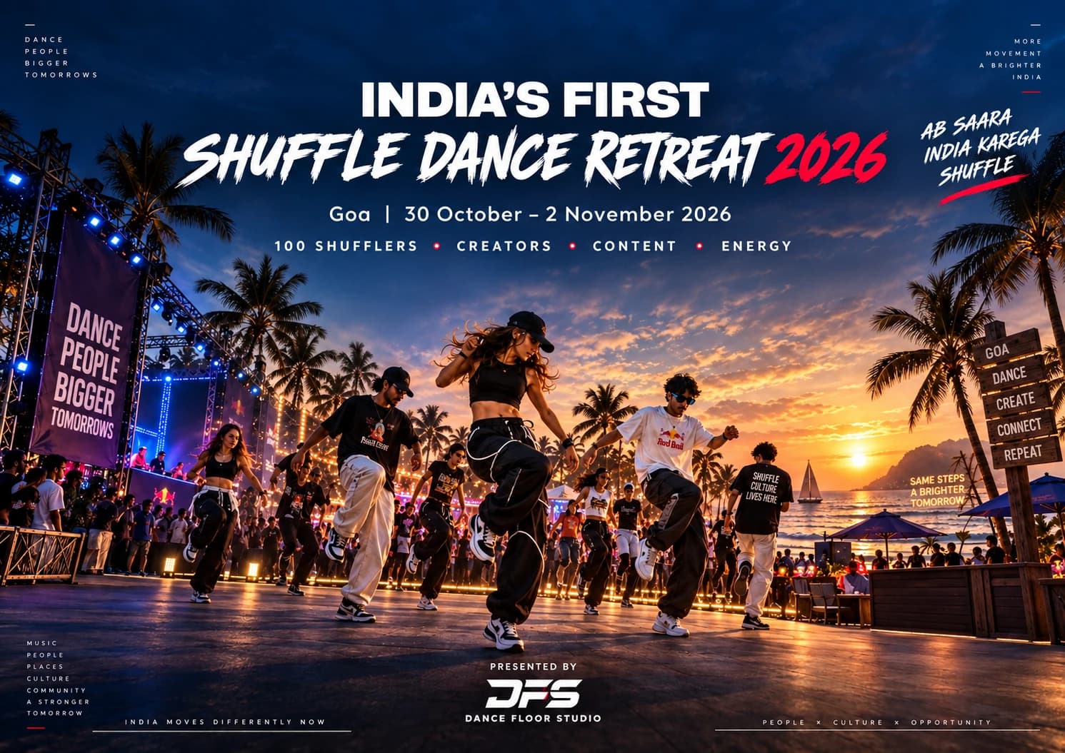Retreat poster — India’s First Shuffle Dance Retreat Goa 2026, 30 Oct – 2 Nov 2026: dancers shuffling on a beachfront dance floor at sunset, presented by Dance Floor Studio.